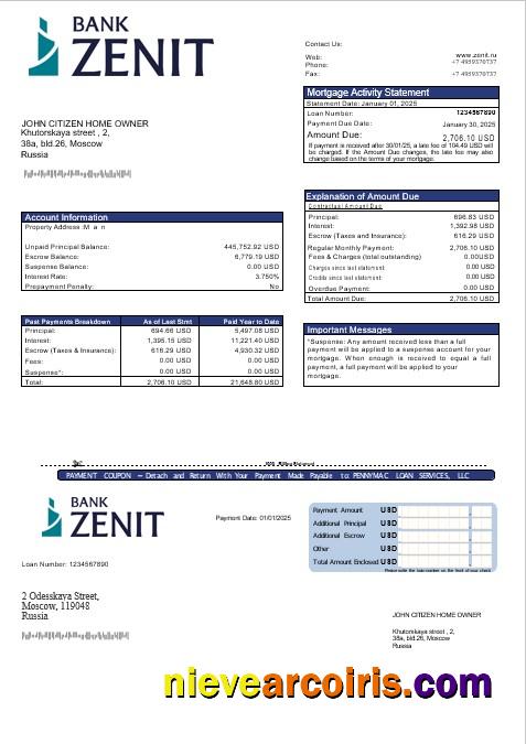 Russia Zenit bank mortgage statement